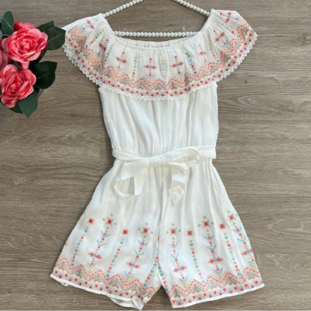 Savanna Jane White Romper with Floral Embroidery